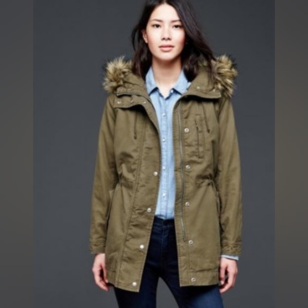 Gap Green Utility Jacket with Faux Fur Trimmed Hood, Size L